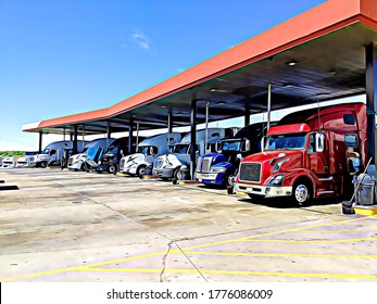 Semi Trucks Lined Up Filling Gas At A Truck Stop