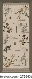 The semi-bold floral elements add visual strength, while the delicate geometrical working brings balance and structure to the overall composition. This thoughtful mix of flowers and geometric motifs creates a harmonious design that feels both elegant and expressive. The abstract border details enhance the artistic value, making the pattern ideal for rugs, ornaments, and ethnic textile collections.