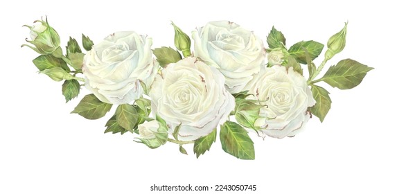 Semicircular composition of white roses and buds with leaves. Watercolor illustration. Isolated on a white background. For design of dishes, greeting card, perfumes packaging, wedding invitation.