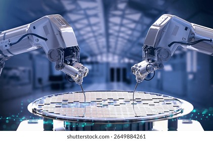Semiconductor manufacturing with 3d rendering robotic arms with silicon wafers 4k footage
