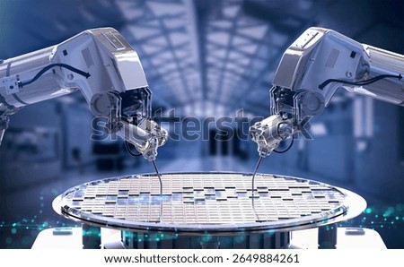 Semiconductor manufacturing with 3d rendering robotic arms with silicon wafers 4k footage