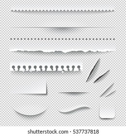 Semitransparent White Paper Checkered Perforated Ripped Torn Jagged Cut Edges Texture Samples Set Realistic Shadows  Illustration