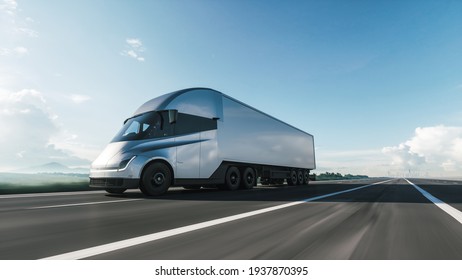 Semi-Truck With Cargo Trailer Moving On A Highway. Modern Cargo Truck At Sunset. 3d Illustration