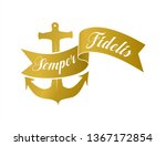 Semper fidelis banner and anchor symbol. Gold emblem design on a white background.