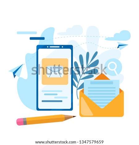 Send email. Concept of the call, address book, note book. Contact us icon. Sent email icon on the mobile phone screen. Modern flat illustration concept, isolated on white background.