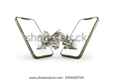Sending and receiving Botswanan pula notes from one mobile phone to another. Online money transfer concept. money coming out of phone isolated on white background. mockaup template. 3d rendering