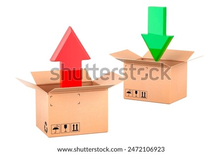 Sending and receiving the parcel, concept. Cardboard boxes with incoming green arrow and outgoing red arrow, 3D rendering isolated on white background
