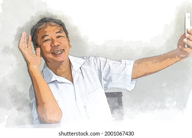 Senior Asian Retired Man Holds Mobile Taking Selfie. Abstract Digital Painting Of Grandfather Looking At Camera Smiling. Gray Hair Pensioner Taking Photo By Smartphone Isolated Whine Background. 