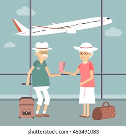 Senior Couple With Bags At Airport. Concept Illustration Of Older Travelers And Tourism