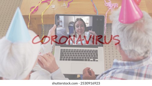 Senior couple celebrates with a person on a video call. Party hats and decorations suggest a festive occasion despite the distance. - Powered by Shutterstock