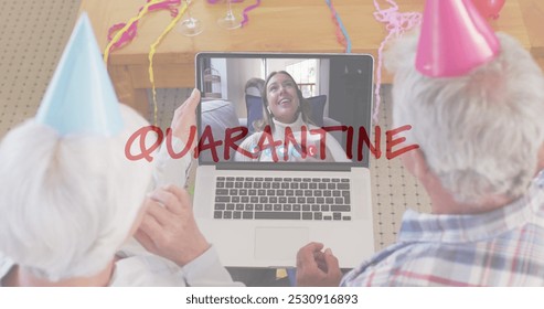 Senior couple celebrates with a teenage girl on a video call. Party hats and decorations suggest a festive virtual gathering during quarantine. - Powered by Shutterstock