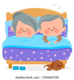 Senior Couple, Grandma And Grandpa Sleeping Together In Their Bed At Home. 