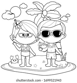 Senior couple on an island vacation. Black and white coloring page. - Powered by Shutterstock