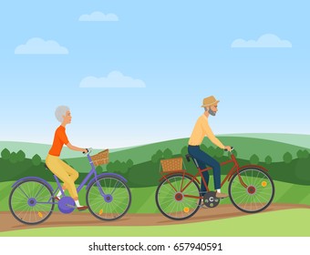 A senior couple riding the bikes in the countryside. Old people cyclists.  illustration. - Powered by Shutterstock