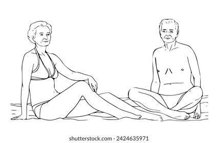 A senior couple sits on the beach on vacation. Black outlines in front of a transparent background.  - Powered by Shutterstock