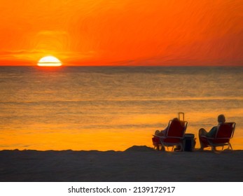 Senior Couple Watches The Sun Set Over The Gulf Of Mexico From Where They Sit In Silhouette On A Sandy Beach Along A Barrier Island In Southwest Florida. Digital Painting Effect, 3D Rendering.