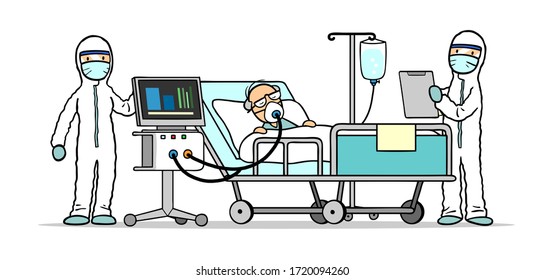 Senior with Covid-19 and pneumonia in intensive care unit next to doctors in protective clothing - Powered by Shutterstock