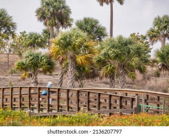 Senior Hiker Leans Against Railing Of Footbridge While Stretching In View Of Palm Trees At A Nature Preserve In Southwest Florida. Digital Oil-painting Effect, 3D Rendering.