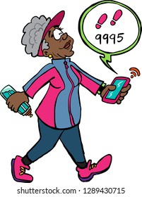 Senior Lady Walking And Counting Her Steps With A Mobile Device. 