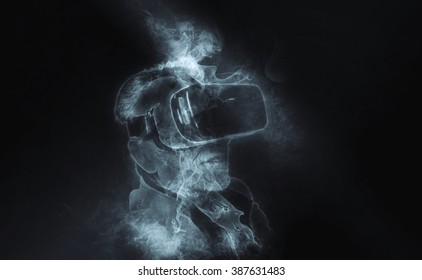Senior man with mobile virtual reality headset (Smokey spirit effects artwork)