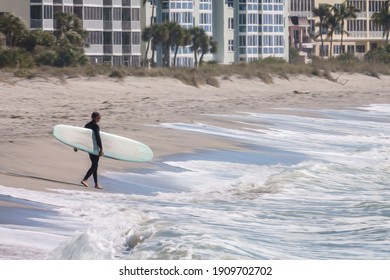 Senior man in wetsuit carries surfboard toward waves along sandy beach near condominiums on a sunny day along the Gulf Coast of southwest Florida, with digital oil-painting effect. 3D rendering. - Powered by Shutterstock