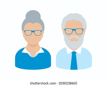 Senior Man And Woman Face Avatar Icon Set. Elderly Senior Couple Illustration. Older Business People Icon Set Isolated On A White Background