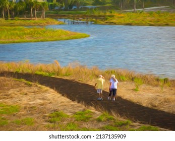 Senior Man And Woman Follow A Trail By A Lagoon, With View Of Footbridge Ahead Of Them, In A Coastal Nature Preserve On A Sunny Day In Southwest Florida. Digital Painting Effect, 3D Rendering.