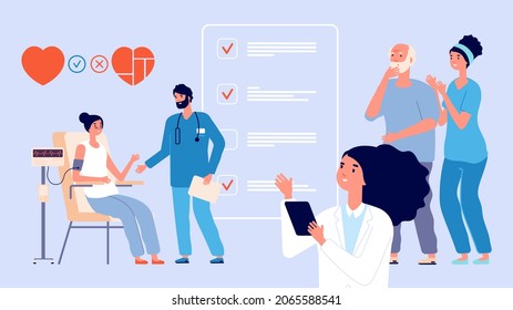 Senior medical check up. Old patients healthcare, elderly effective lifestyle. Doctors nurse with adult woman and man, people examination in hospital illustration - Powered by Shutterstock