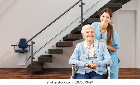 Senior and nurse in the house with stair lift as a nursing service concept