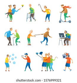 Senior people having fun together taking selfie on phone and throwing party raster. Man and woman old age of grandmother and grandfather with bubbles, flat style - Powered by Shutterstock