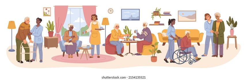 Senior people in nursing home, elderly men and women spending time in common space. flat cartoon character, grandfather and grandmother playing chess, walking and reading books - Powered by Shutterstock