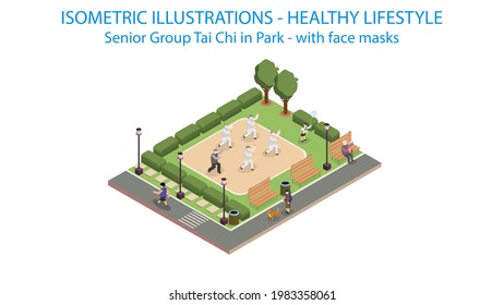 Senior Tai Chi In Park Isometric. Post Covid With Protective Mask.