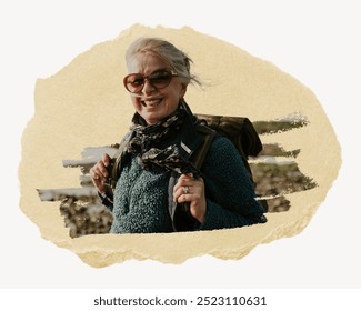 Senior tourist woman walking at the beach image element. Wellness for senior woman, hiking in nature at a cold beach. Tourist by the coast. Woman on a born paper note. Collage style note of woman. - Powered by Shutterstock