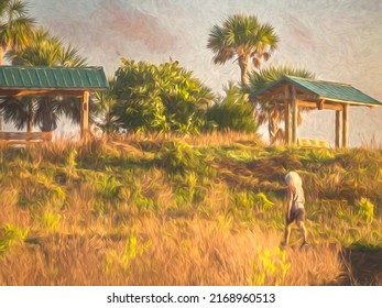 Senior Woman Hikes A Trail Uphill Toward Two Lookouts In A Nature Preserve On A Sunny Evening In Southwest Florida. Digital Painting Effect, 3D Rendering. For Motifs Of Fitness, Recreation, Escapism.