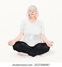 Senior woman meditating, senior woman practicing meditation, in yoga pose. Senior woman with white hair, eyes closed, sitting cross-legged, meditating. Watercolor illustration of woman in watercolor. - Powered by Shutterstock