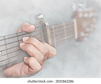 Senior woman musician hand holds classic wooden guitar neck capo on fret 3. Female guitarist put fingers on fingerboard playing E chord song sound music note G. String musical instrument background.