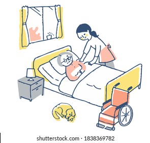 A senior woman sleeping in a nursing bed and a helper woman - Powered by Shutterstock