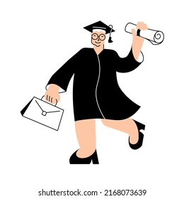 Seniora Education Concept. Elderly Woman In Graduation Gown And Hat. Old Person Graduate Isolated On White Background. Flat Art  Illustration