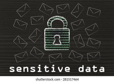 sensitive data security and encryption: lock with binary code texture surrounded by flying mails
