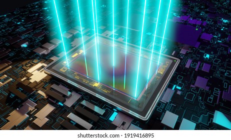 Sensor for digital camera with rays of light, 3D rendering macro on motherboard with to processors