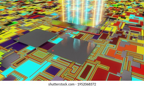 Sensor for digital camera with rays of light, 3D rendering macro on motherboard with two processors