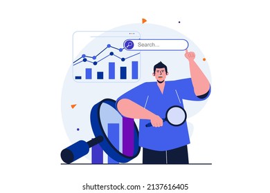 Seo analysis modern flat concept for web banner design. Man with magnifier settings search engine, analyzes statistics data and optimizes website. Illustration with isolated people scene