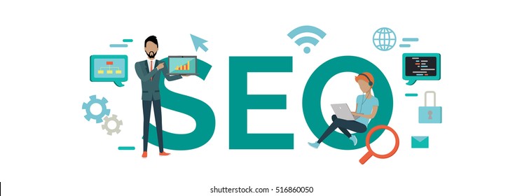 SEO  Concept. Search Engine Optimization Specialists. Internet Technologies. Web Developer, Businessman, Internet User Characters With Laptops. Flat Illustration For Promotion Company Ad 