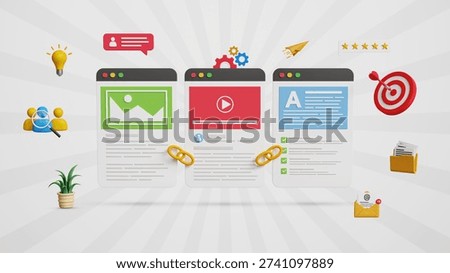 SEO Link Building Concept. Content Backlink Strategy, Website Connections, Organic Growth with SEO, Top Ranking Strategy, Search Results, Boost Site Navigation. Linked Website Pages. 3D Illustration