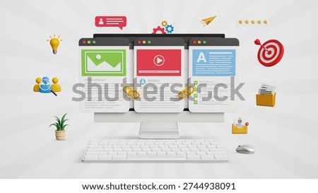 SEO Link Building Concept. Content Backlink Strategy, Website Connections, Organic Growth with SEO, Top Ranking Strategy, Search Results, Boost Site Navigation. 3D Computer with Linked Web Pages