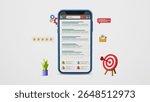 SEO Optimization, SEO ranking, SERP, digital marketing, web analytics, website ranking, organic reviews, top results. Optimized search engine results or SERP on smartphone. 3D illustration