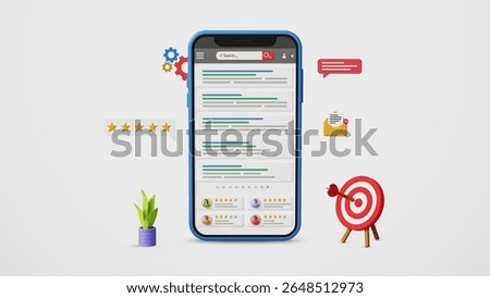 SEO Optimization, SEO ranking, SERP, digital marketing, web analytics, website ranking, organic reviews, top results. Optimized search engine results or SERP on smartphone. 3D illustration