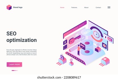 Seo optimization technology isometric illustration. Cartoon 3d analyst man character manages data report to optimizate digital finance database, control business information result landing page