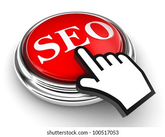 seo red button and cursor hand on white background. clipping paths included