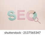 SEO, search engine optimization, business graph and data search on pink background. Concept of business and optimization. 3D rendering